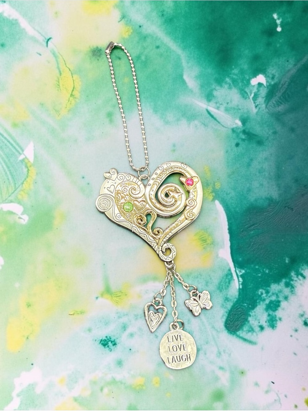 💚🩷GANZ💚🩷Silver & Gold-Tone Heart Rear View Mirror Car Charm w/3 Dangle Charms